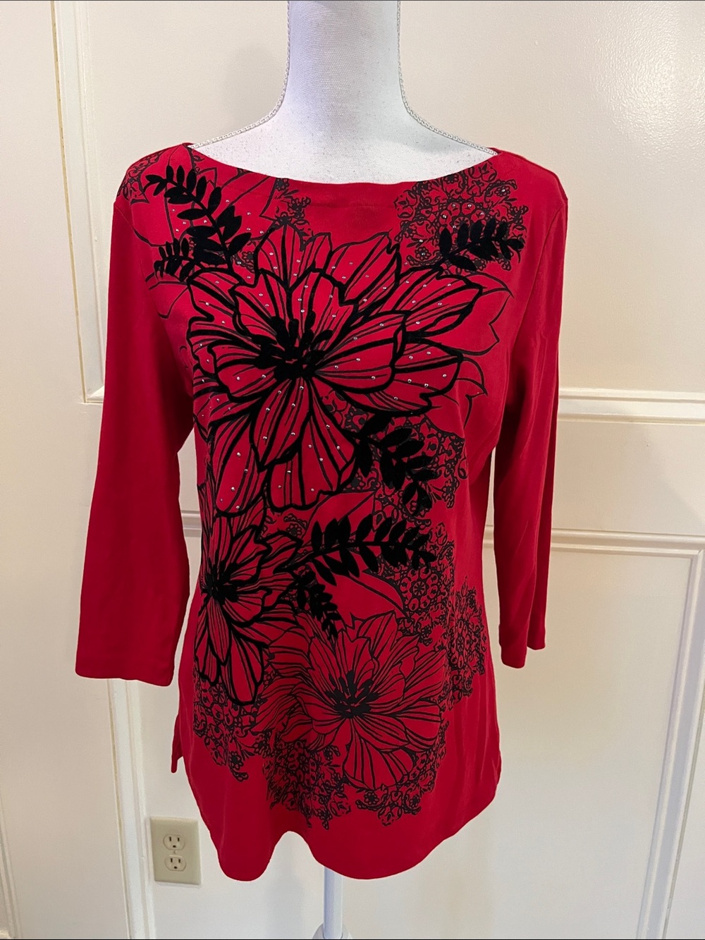 Karen Scott Red Tunic with Black Floral Graphic
